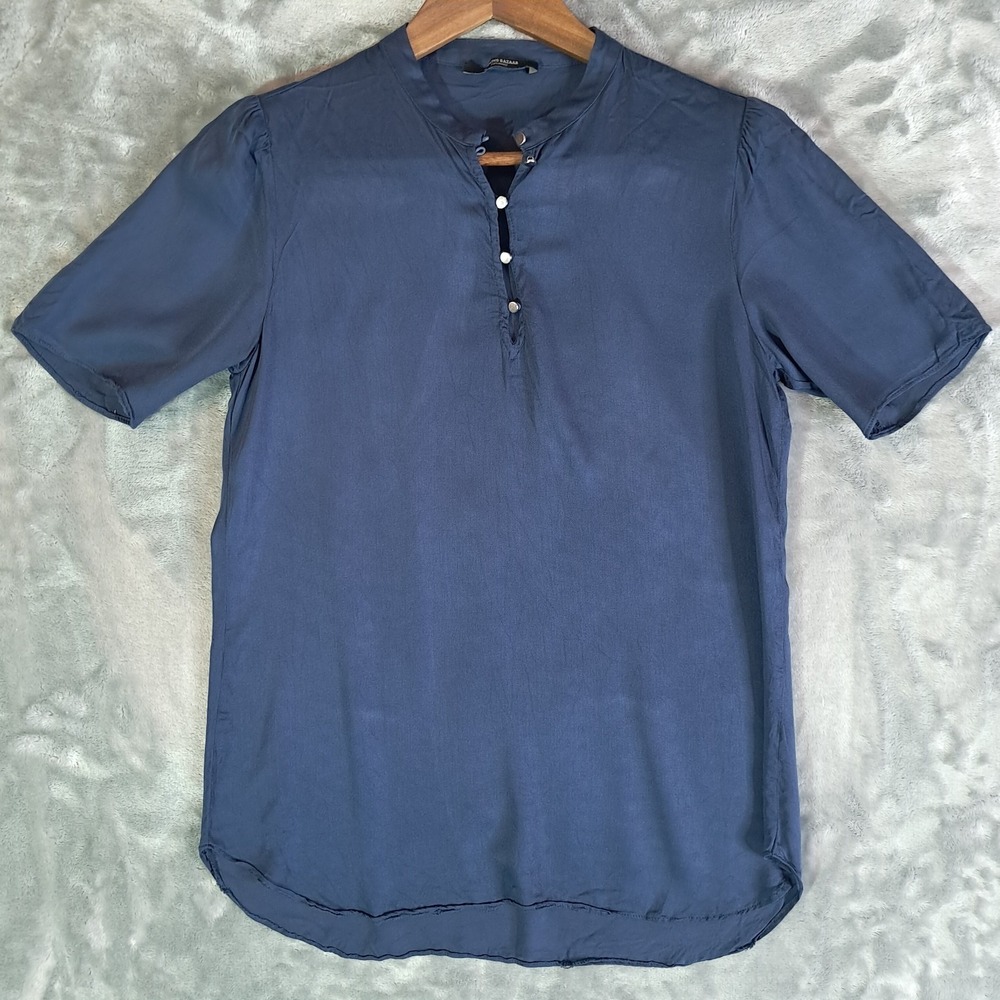 Bruuns Bazaar Blue Henley Blouse Shirt Women Size S Small Flat 18" Pit-to-Pit